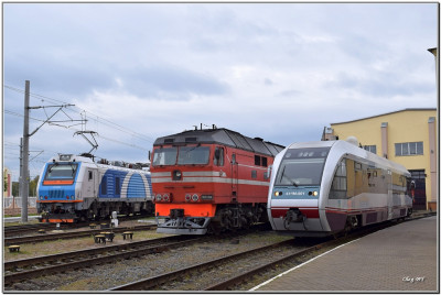 Электровоз БГК2-002, тепловоз ТЭП70-0550, служебная автомотриса начальника УЗ и начальника ЮЗЖД 610М-001, депо Гомель